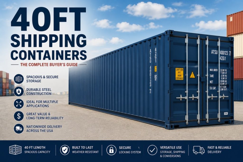 40ft shipping container guide featuring a standard steel cargo container for storage and commercial use.