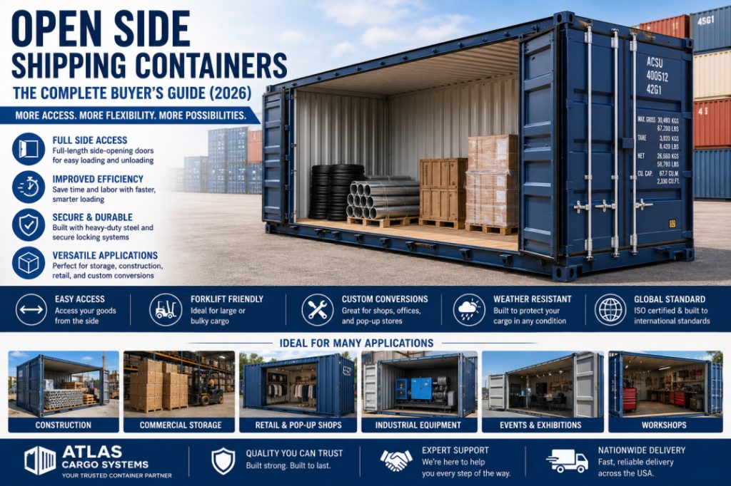 Open side shipping container with full-length side-opening doors used for commercial storage, retail conversions, and industrial applications.