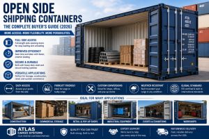 Open side shipping container with full-length side-opening doors used for commercial storage, retail conversions, and industrial applications.