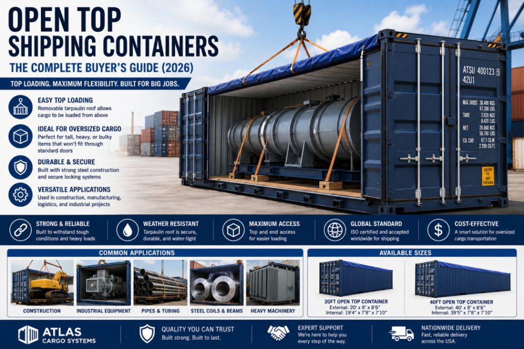 Open top shipping container with a removable tarpaulin roof designed for transporting and storing oversized industrial cargo and heavy machinery.