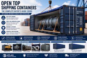 Open top shipping container with a removable tarpaulin roof designed for transporting and storing oversized industrial cargo and heavy machinery.