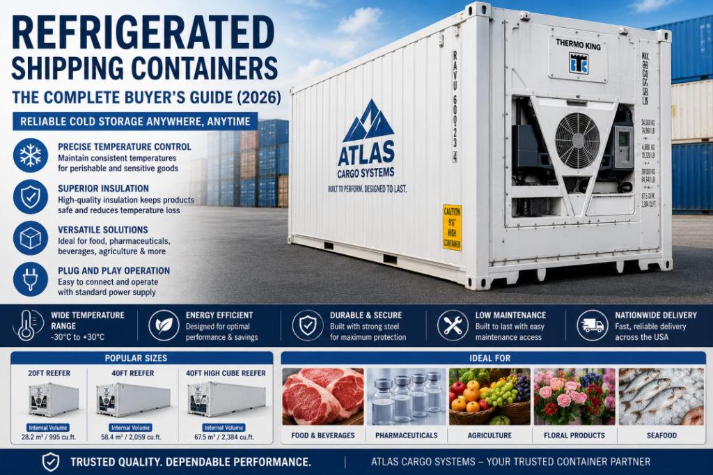 Refrigerated shipping container with an integrated cooling unit used for temperature-controlled storage and transportation of perishable goods.