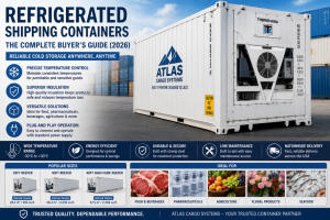 Refrigerated shipping container with an integrated cooling unit used for temperature-controlled storage and transportation of perishable goods.