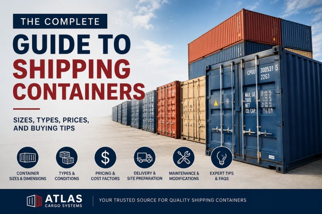 Complete guide to shipping containers showing different container sizes and types at Atlas Cargo Systems.
