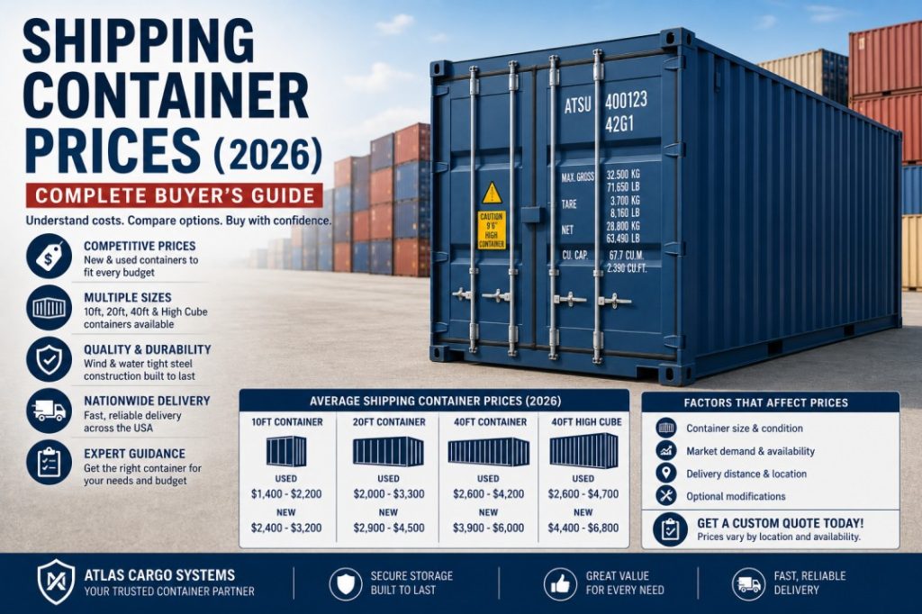 Shipping container prices guide showing new and used shipping container pricing, container sizes, and buying factors for 2026.